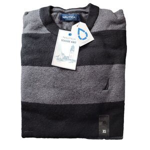 Nautica Sweater Mens XS True Black Grey Seaside Knit‎ Classic-Fit Stretch Stripe